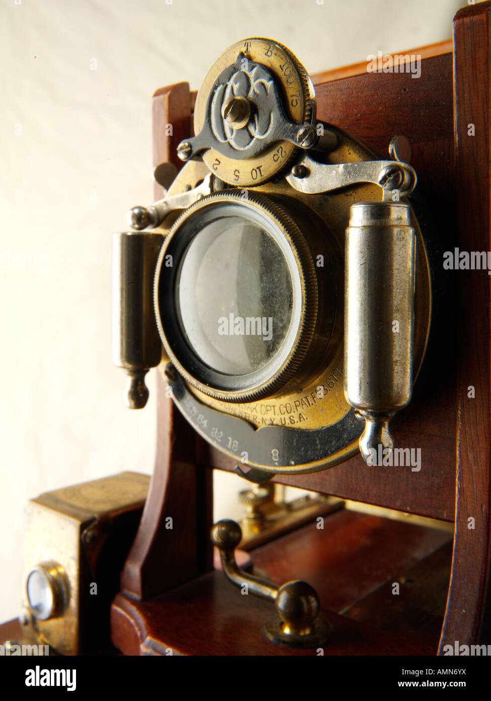Century Half Plate wooden View Camera close up of lens and shutter Stock Photo