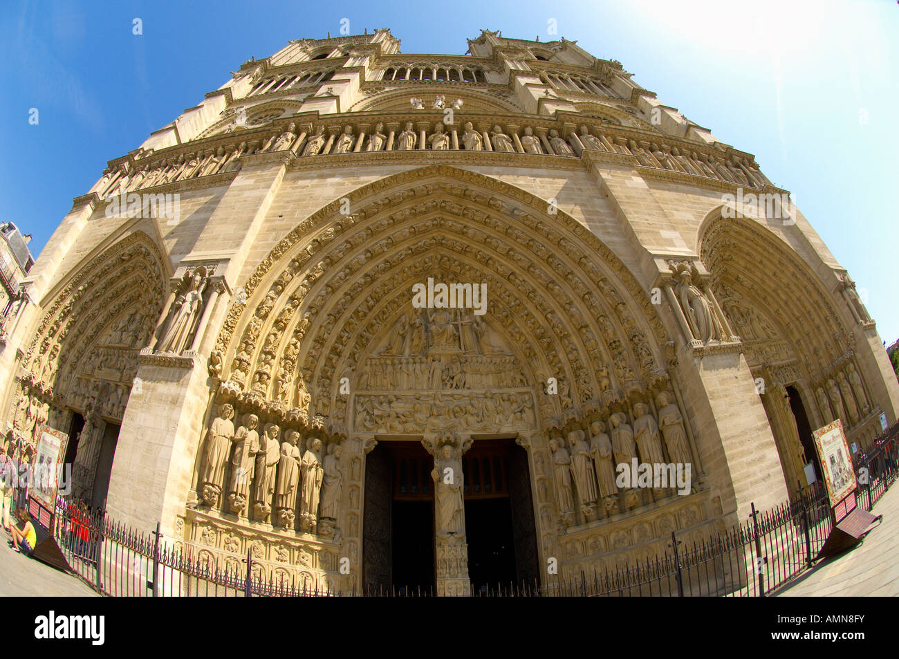 Gothic architecture of the facade of Notre Dame Cathedral, Paris Stock Photo