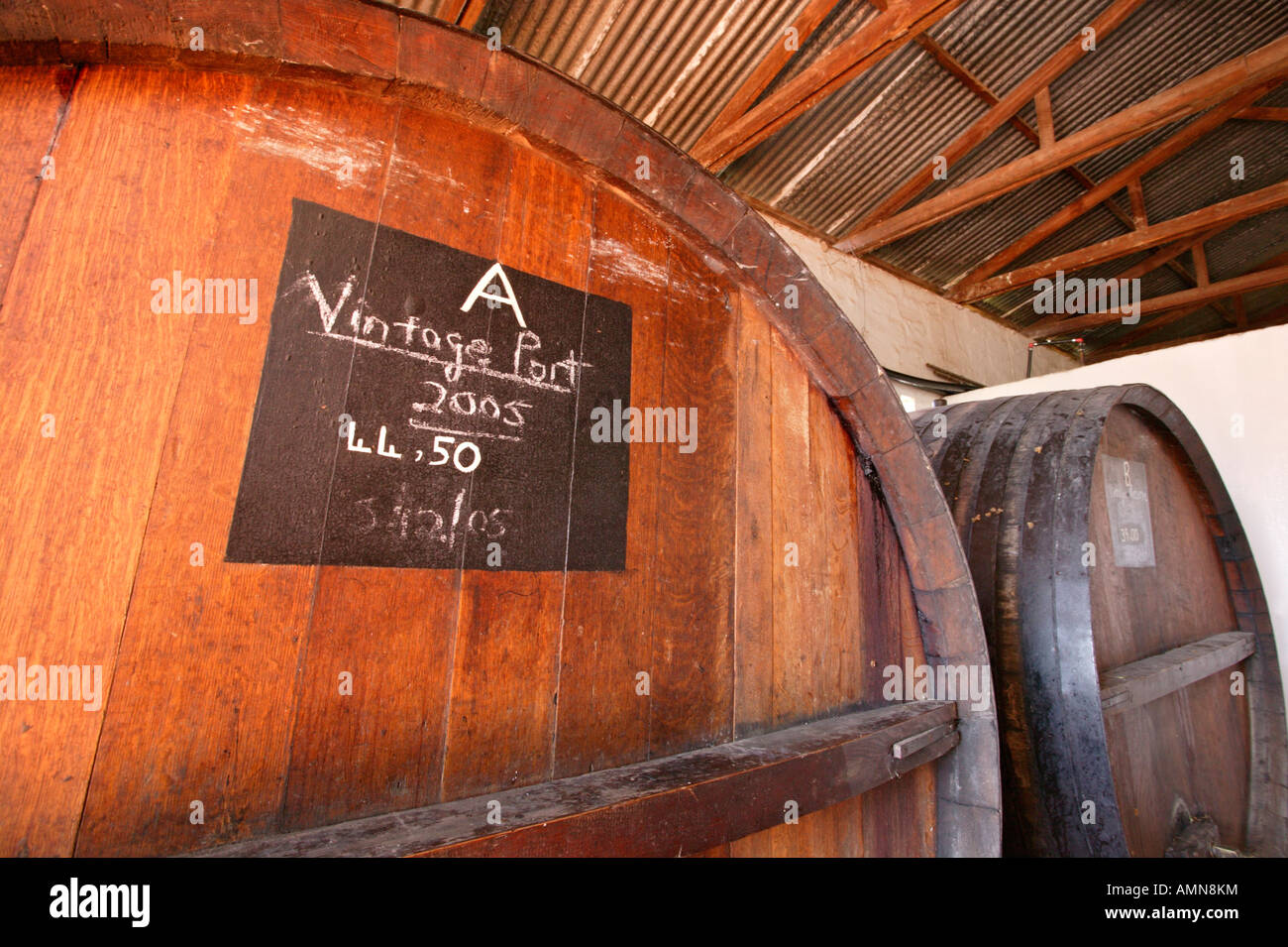 Large wooden vats in which vintage port is being matured Stock Photo