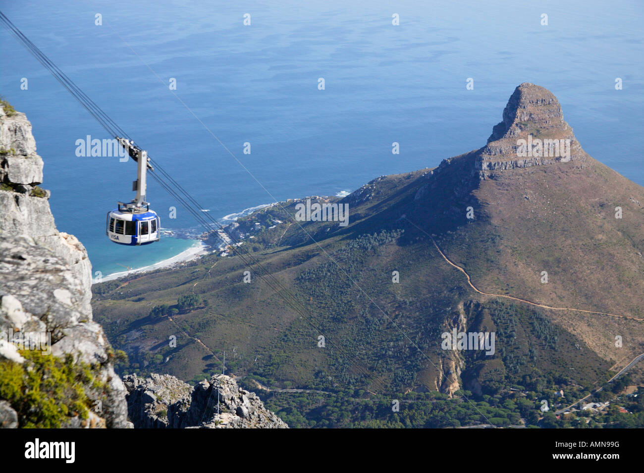 Aerial view of the Table mountain cable car and Lion's head Stock Photo