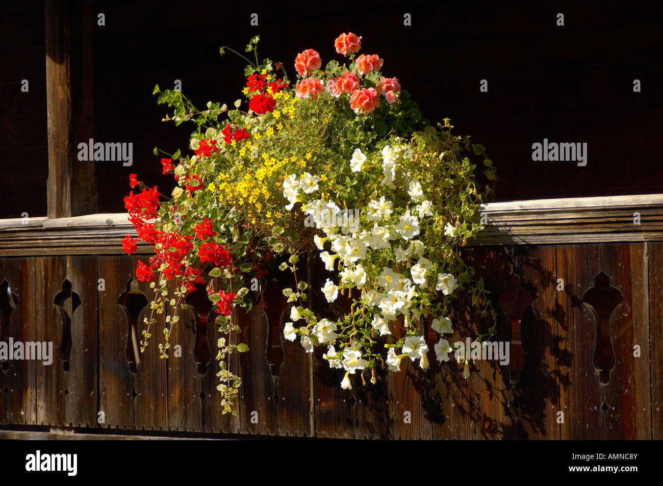 flower box on a traditional Wooden Swiss chalet. Stock Photo