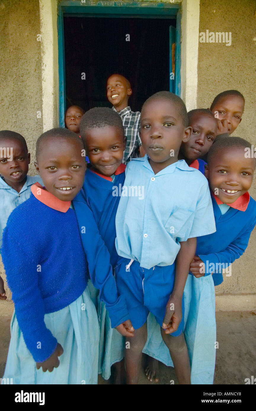 Children in blue uniforms at school near Tsavo National Park Kenya ...