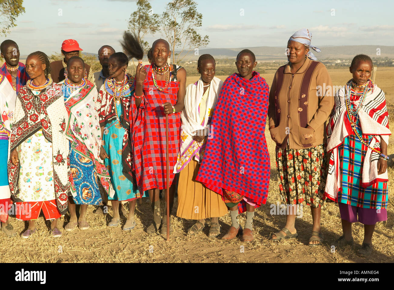 Village people singing at sunset in village of Nairobi National Park Nairobi Kenya Africa Stock Photo