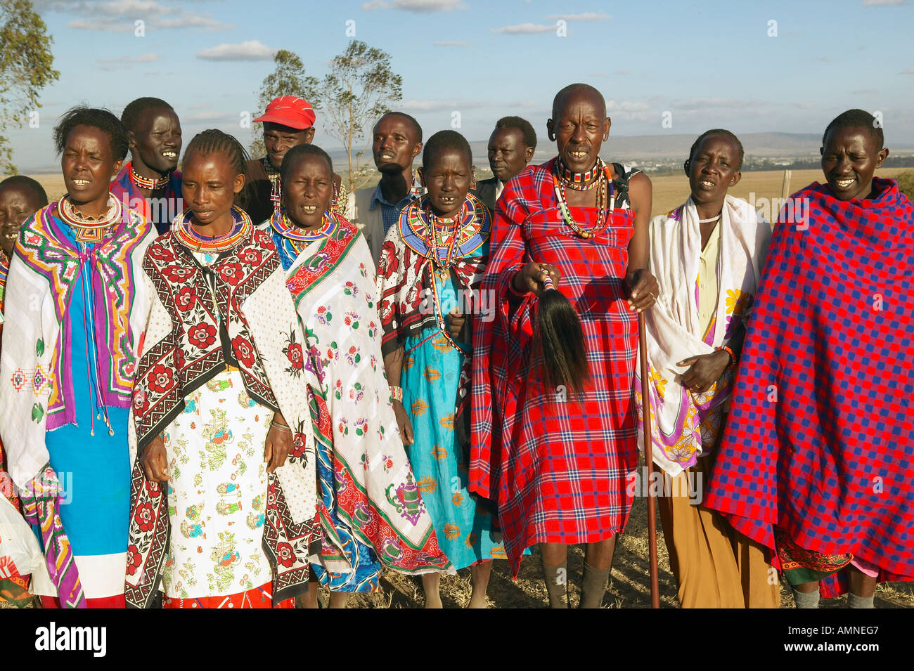 Village people singing at sunset in village of Nairobi National Park Nairobi Kenya Africa Stock Photo