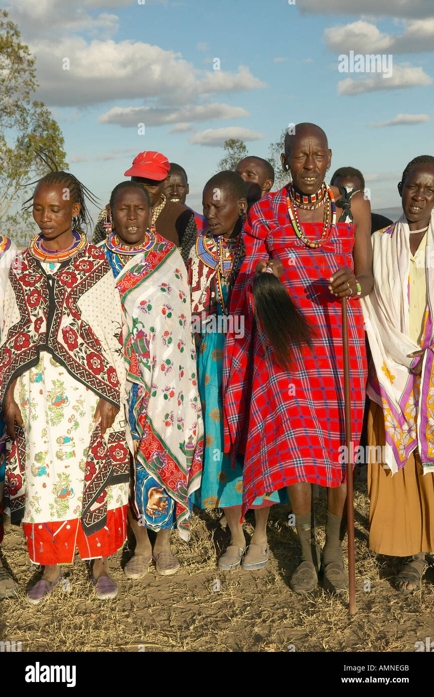 Village people singing at sunset in village of Nairobi National Park Nairobi Kenya Africa Stock Photo