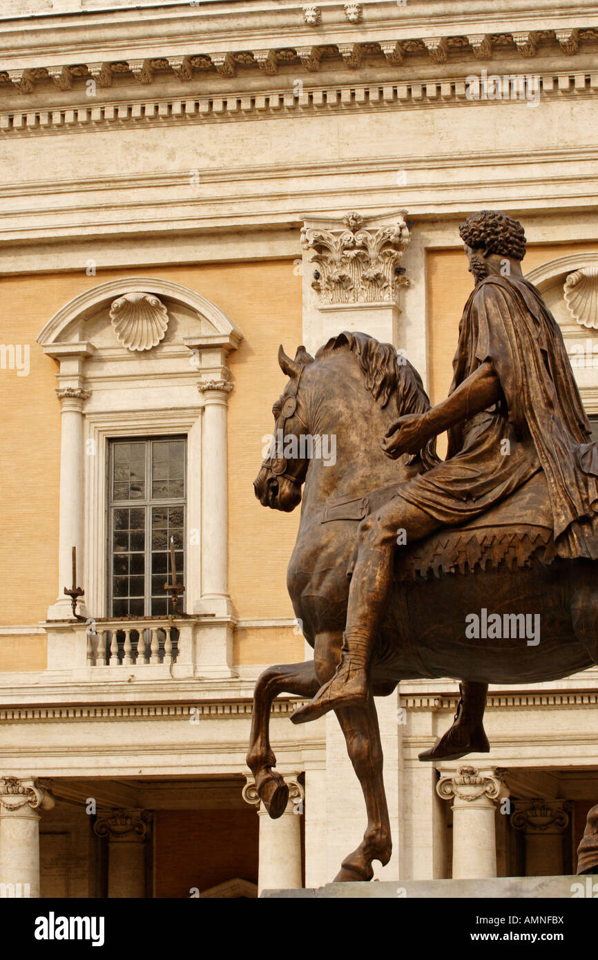 The equestrian statue of Marcus Aurelius, Piazza del Campidoglio, Capitoline Hill, Rome, Italy Stock Photo