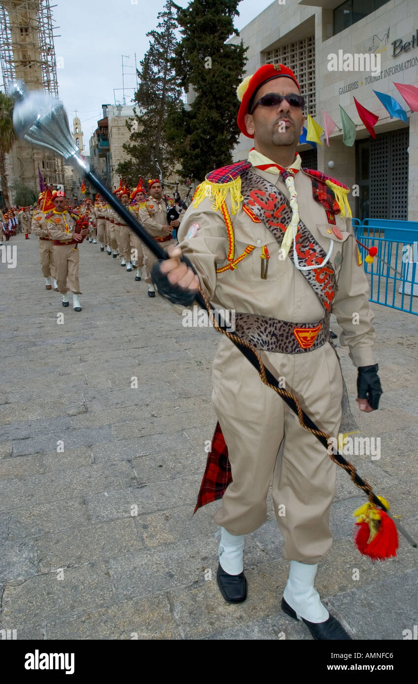 Palestinian Authority Bethlehem Manger Square close up of the leader of scouts band marching in front of peace center Stock Photo