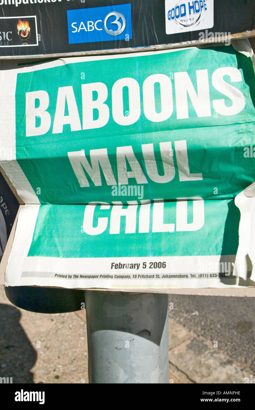 Baboon Mauls Child newspaper headline in Cape Town South Africa Stock Photo