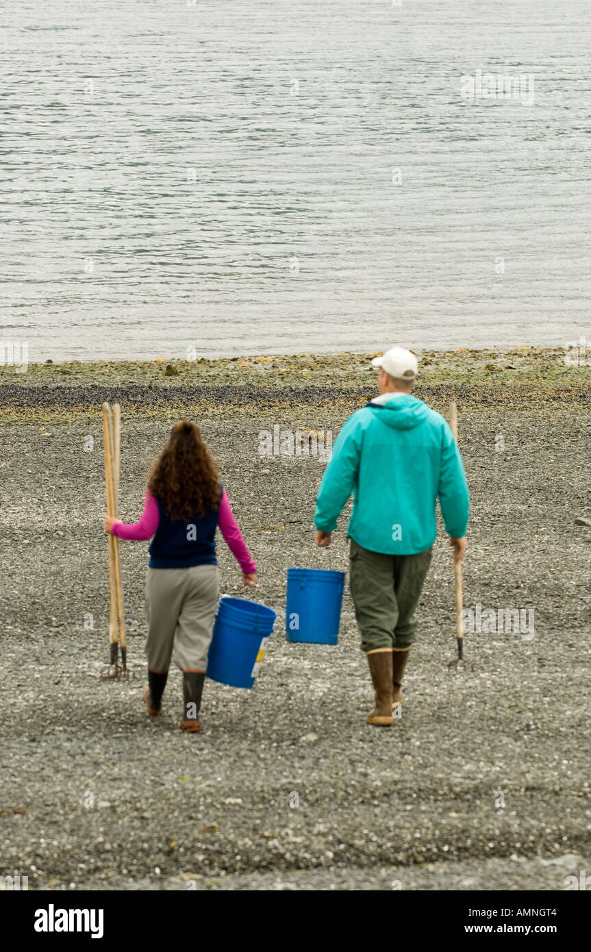 ALASKA CLAM DIGGING COUPLE WALKING THE BEACH WITH BUCKETS AND RAKES IN