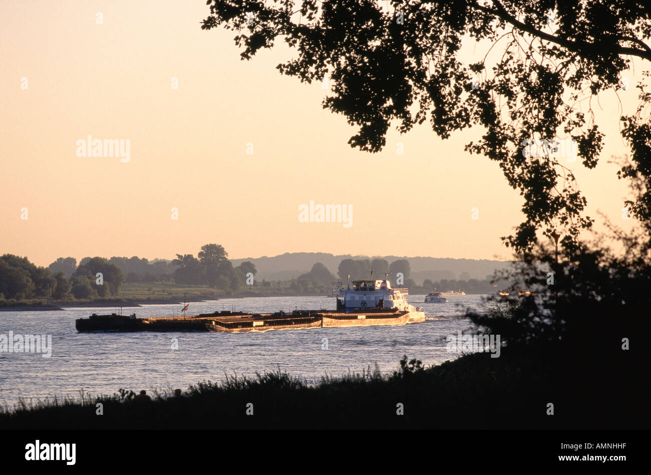 Lower Rhine River Traffic, Near Wesel, Germany Stock Photo