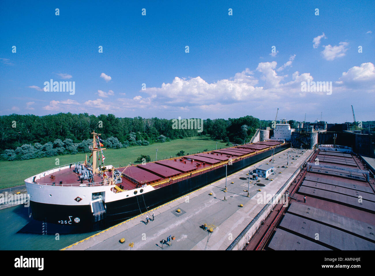 Ship in Flightlocks, Welland Canal, Ontario, Canada Stock Photo
