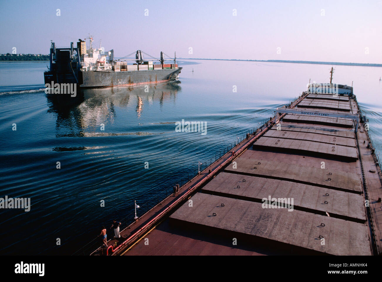 Container Ship & Grain Carrier, St. Lawrence Seaway, Canada Stock Photo