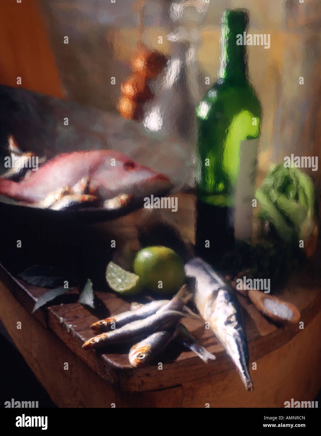 Red snapper herrings with a bottle of wine in a kitchen setting with paint effect Stock Photo
