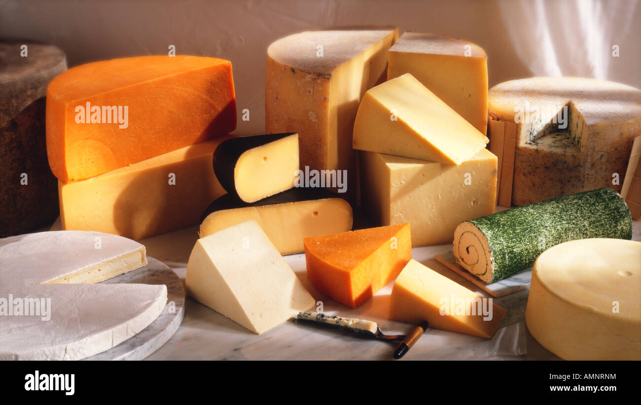 Large selection of various English cheese in a dairy setting on a white marble. Whole truckles and sliced cheeses Stock Photo