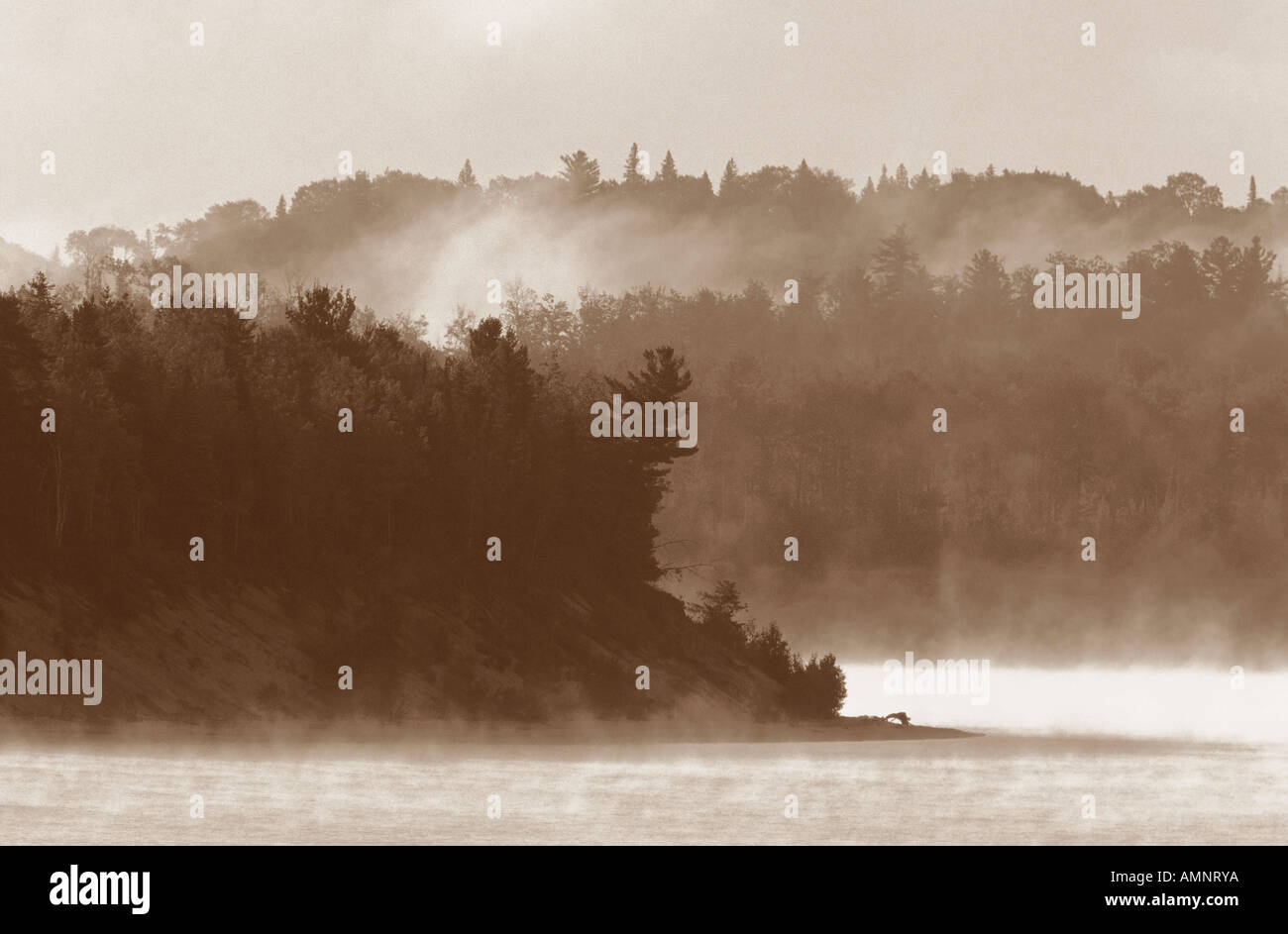 Morning Fog, Lake Baskatong, Quebec, Canada Stock Photo