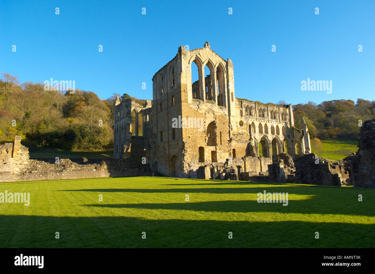 Main aisle with gothic arches and windows, Rievaulx Abbey, North Yorkshire National Park, England Stock Photo