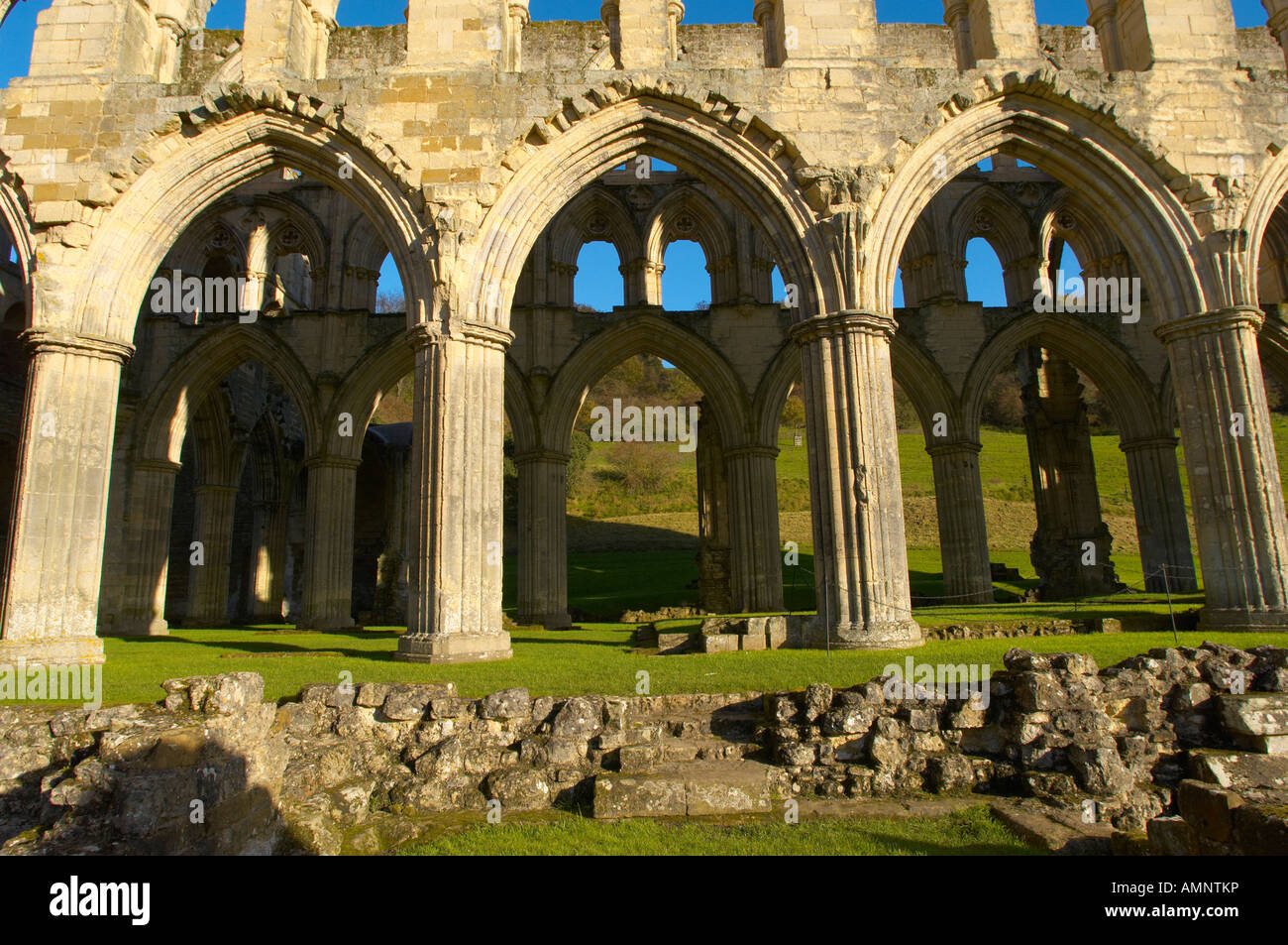 Main aisle with gothic arches and windows, Rievaulx Abbey, North Yorkshire National Park, England Stock Photo