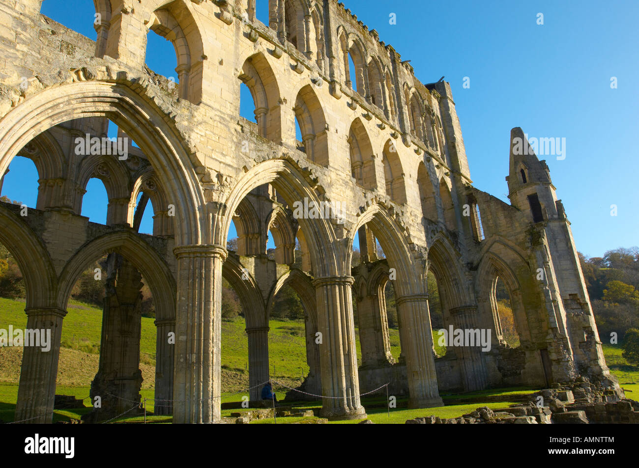 End of abbey with gothic arches. English Heritage site. Rievaulx Abbey, North Yorkshire National Park, England Stock Photo