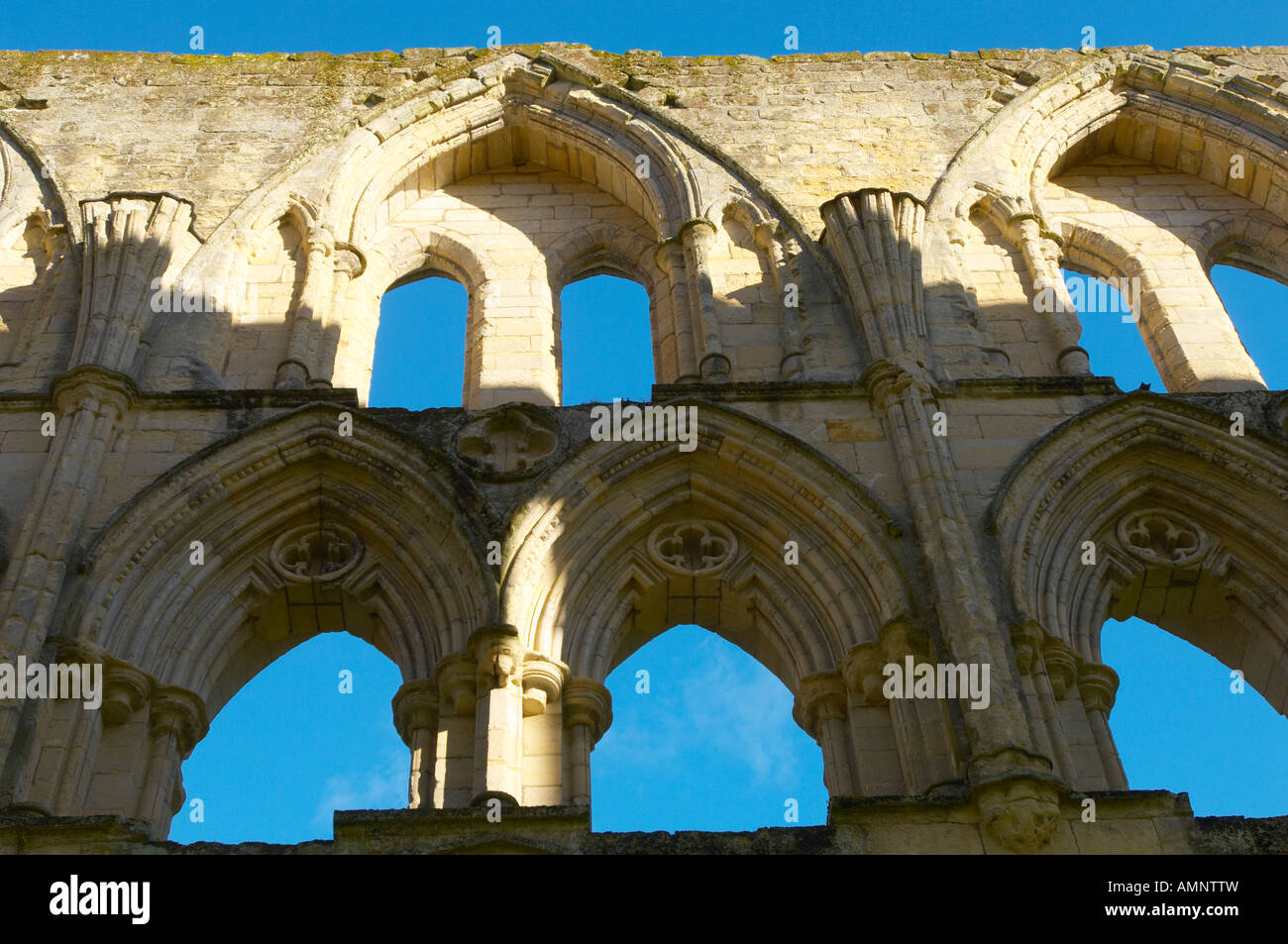End of abbey with gothic arches. English Heritage site. Rievaulx Abbey, North Yorkshire National Park, England Stock Photo