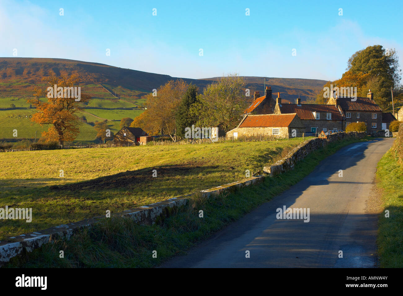 Traditional Yorkshire village in a dale in the moors. Church Houses Farndale North Yorkshire Moors National Park England Stock Photo