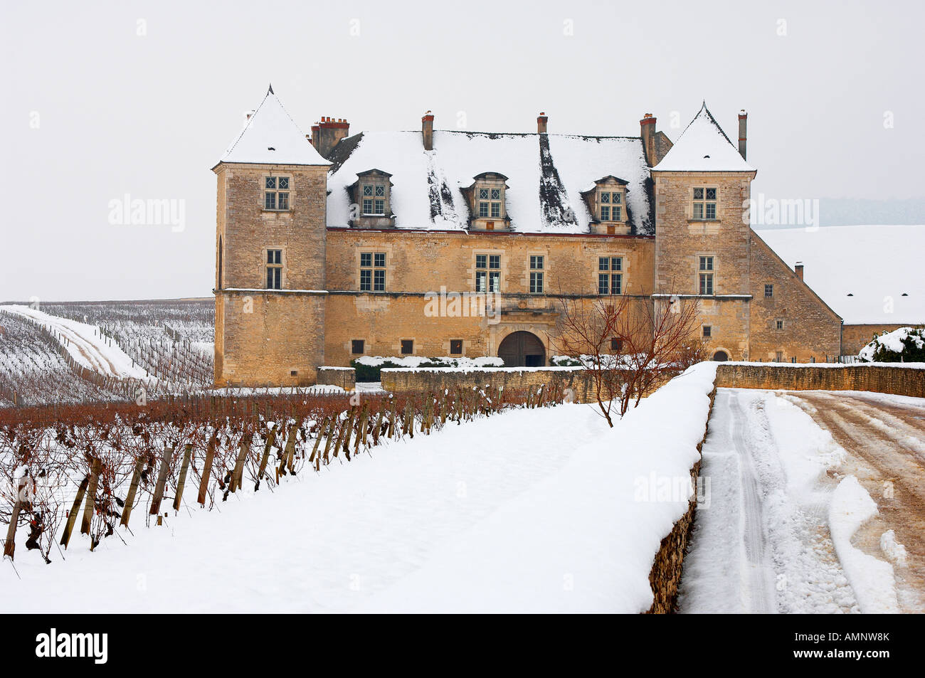 Chateau Clos de Vougeot and vineyard in the snow. Cote D'or, Burgundy, France. Stock Photo