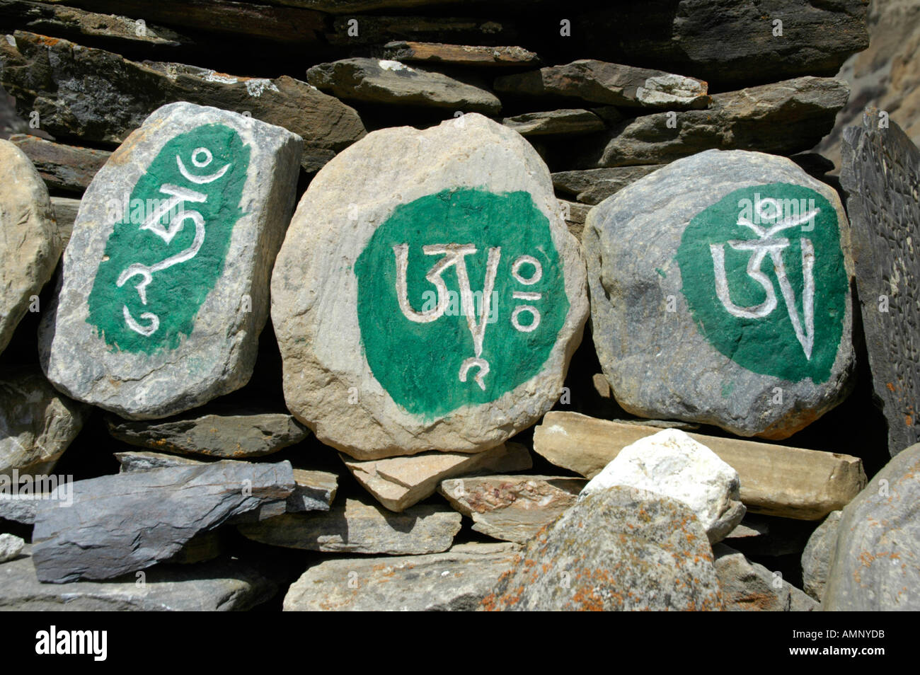 Cryptic Tibetan script with green paint on rocks Nar Phu Annapurna Region Nepal Stock Photo