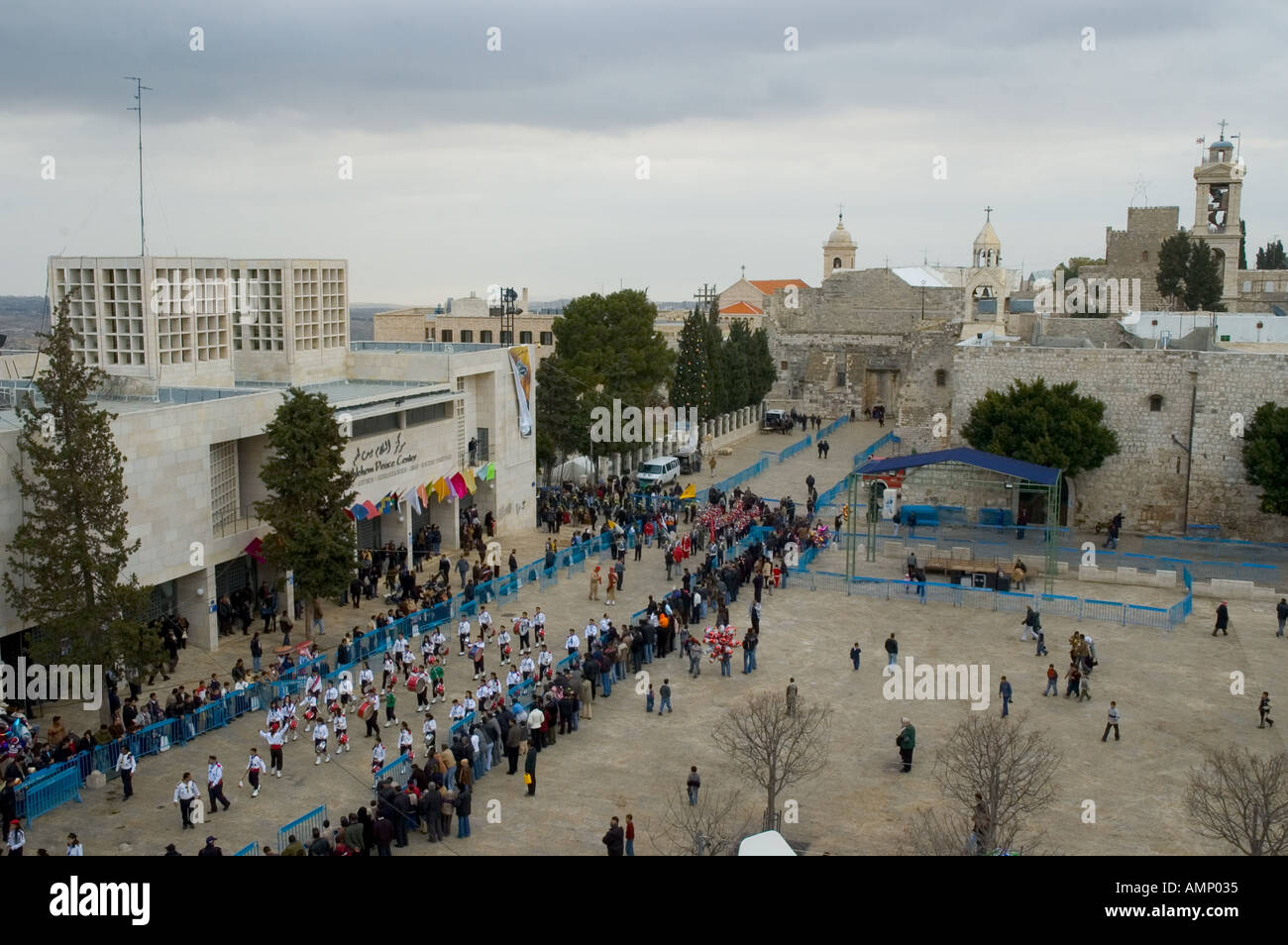 Palestinian Authority Bethlehem Mager Square elevated view with church of Nativity peace center and scouts band marching Stock Photo