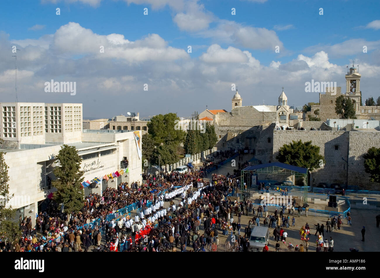 Palestinian Authority Bethlehem Manger Square and church of the Nativity elevated view with crowd on christmas day Stock Photo