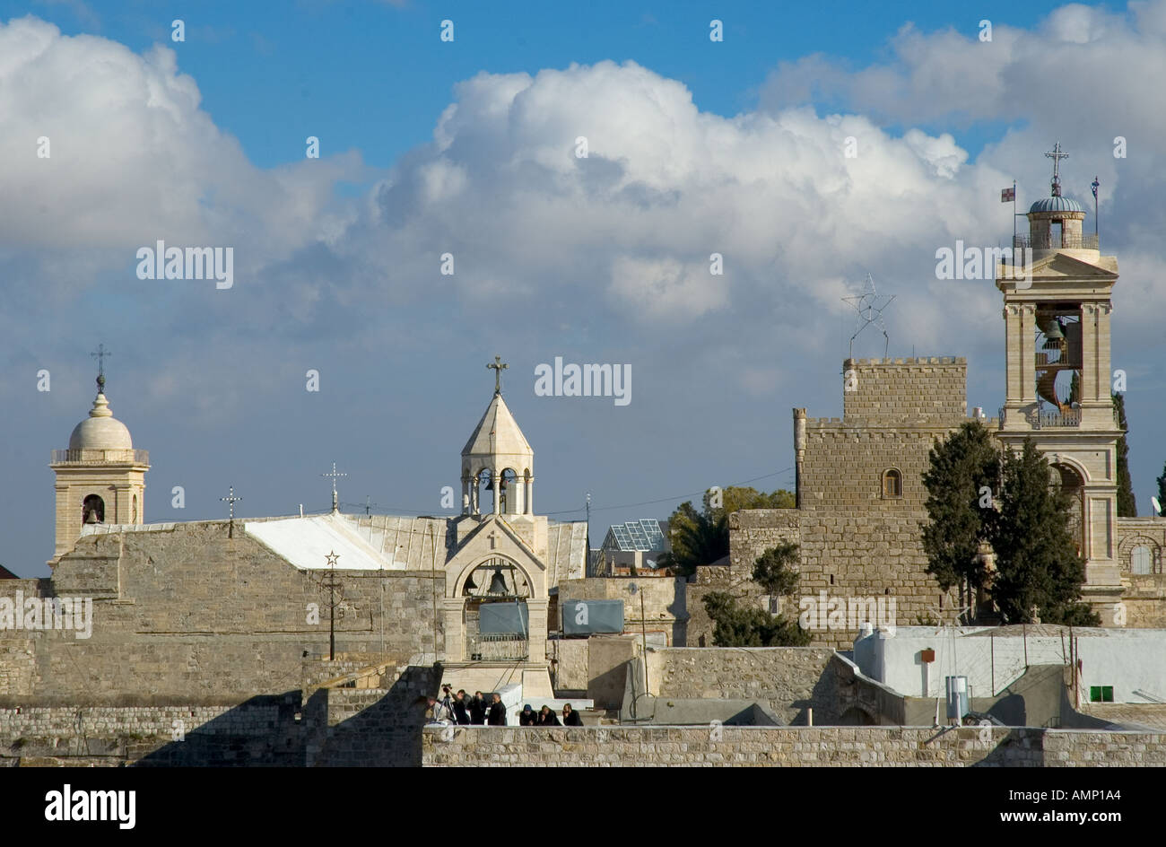 Palestinian Authority Bethlehem church of the Nativity close up of spires with threatning skies Stock Photo