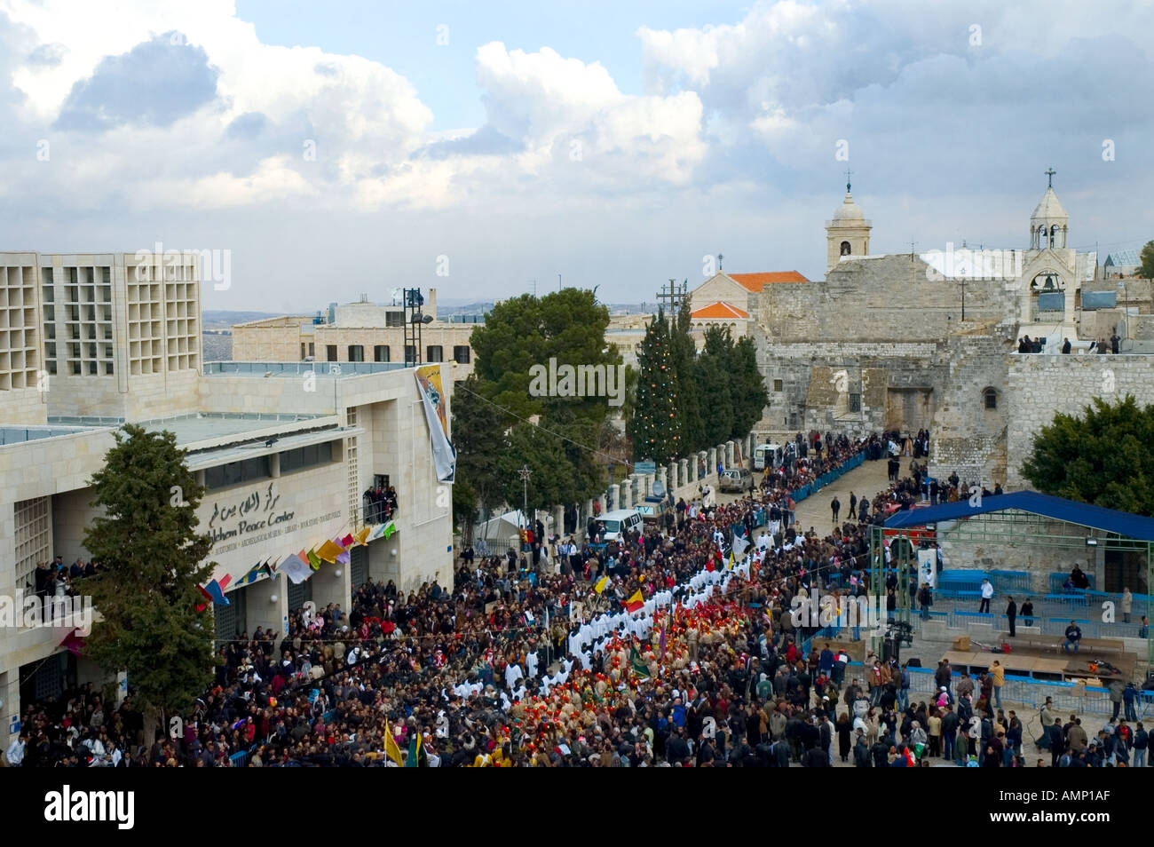 Palestinian Authority Bethlehem Manger Square and church of the Nativity elevated view with procesion on christmas day Stock Photo
