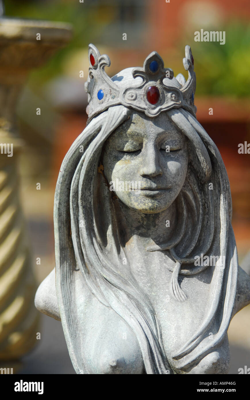 Carved Classical Stone Bust Of Female Head And Shoulders With Crown And 