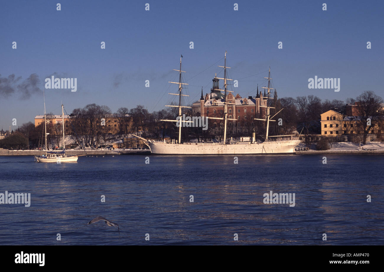 The old sailing vessel Af Chapman moored on Skeppsholmen in Stockholm Stock Photo