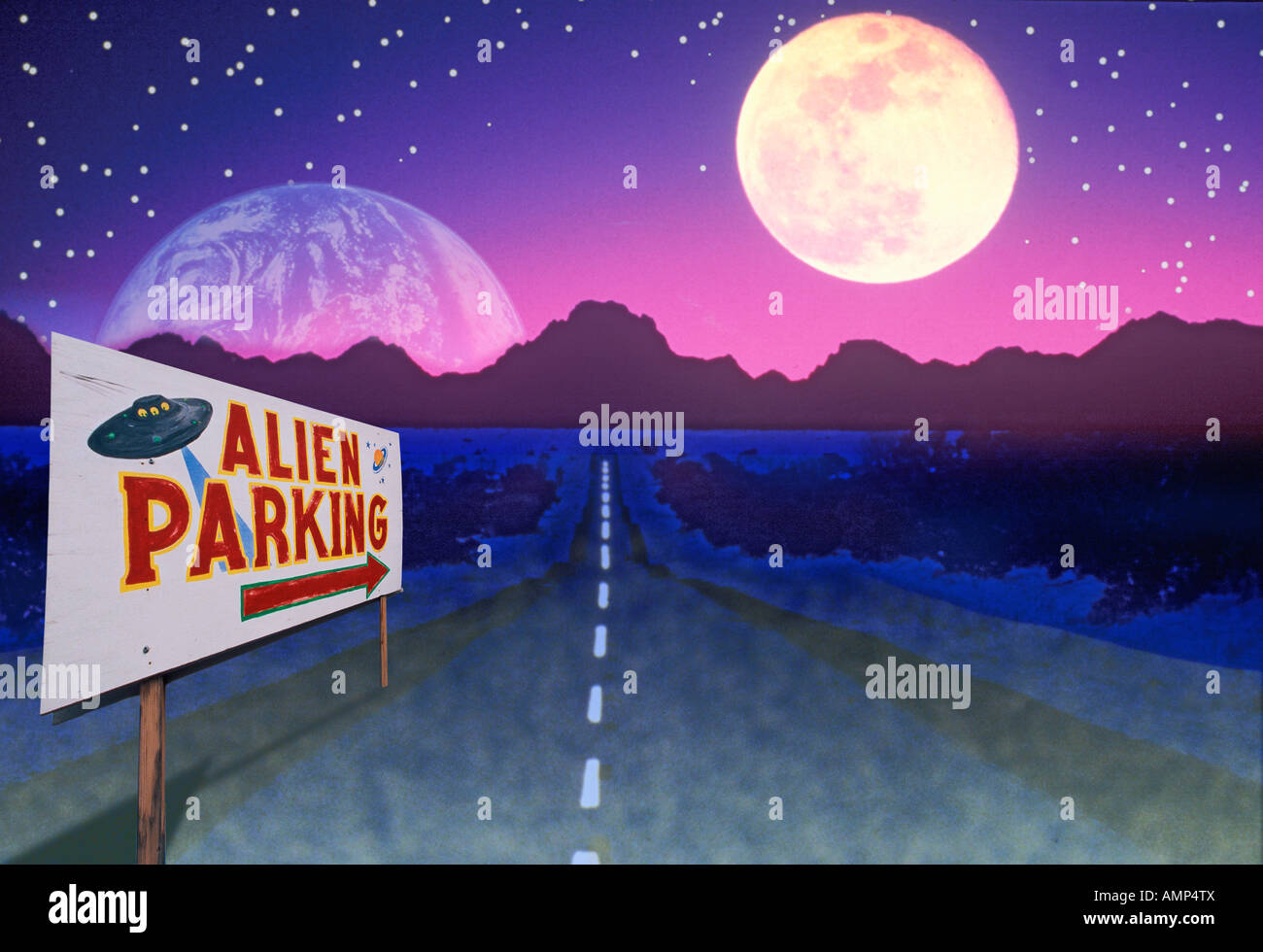 Composite image of a road sign reading 'Alien Parking' and a road leading to distant mountains under an alien sky Stock Photo