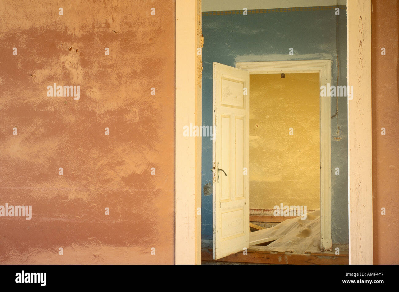 Interior of Abandoned Building, Kolmanskop Ghost Town, Namibia Stock Photo