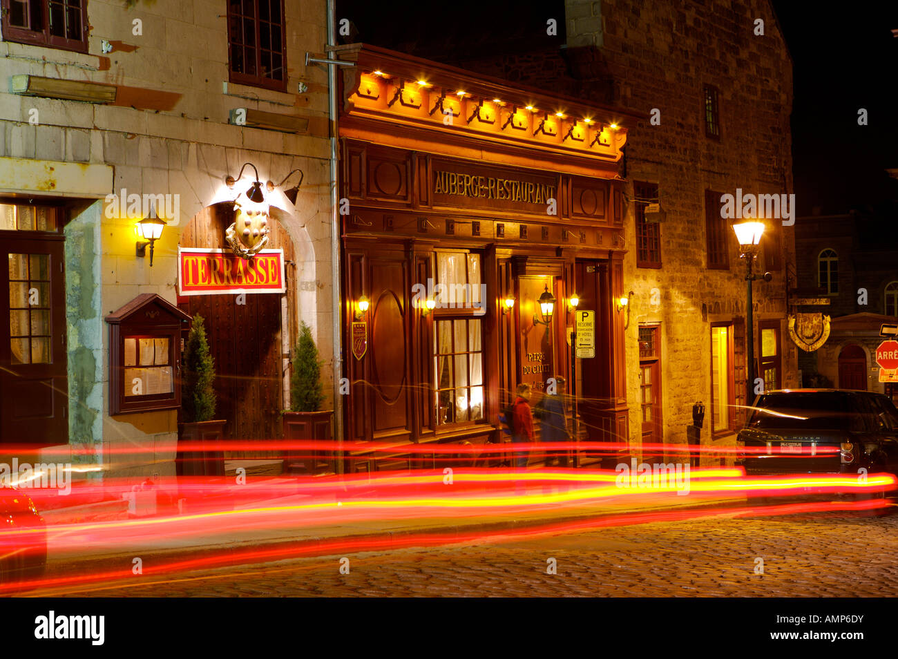 Restaurant along Rue Bonsecours at night in Old Montreal, Montreal, Quebec, Canada. Stock Photo
