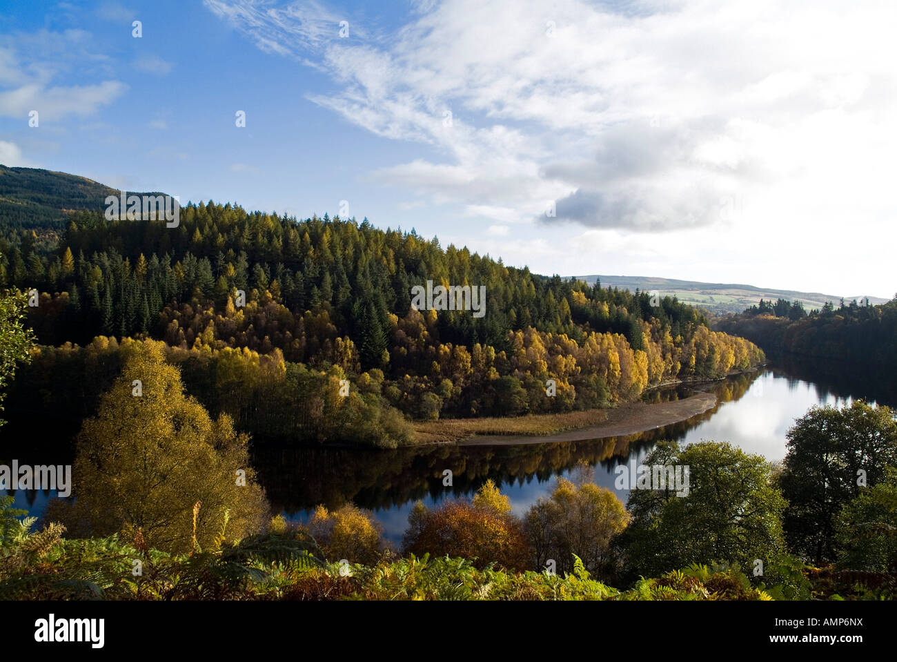 dh Scottish highlands LOCH FASKALLY PERTHSHIRE Scenic Autumn trees beautiful uk landscape forest tranquil country autumn Scotland glen lochs woods Stock Photo