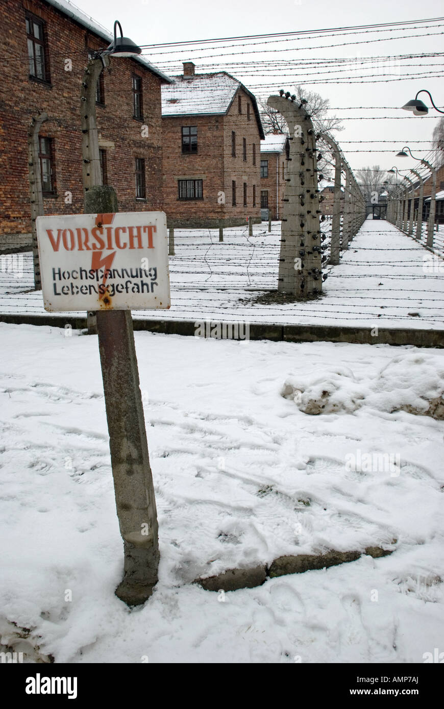 An electrified barbed wire fence at the Auschwitz 1 ( Stammlager) concentration camp, Poland. Stock Photo