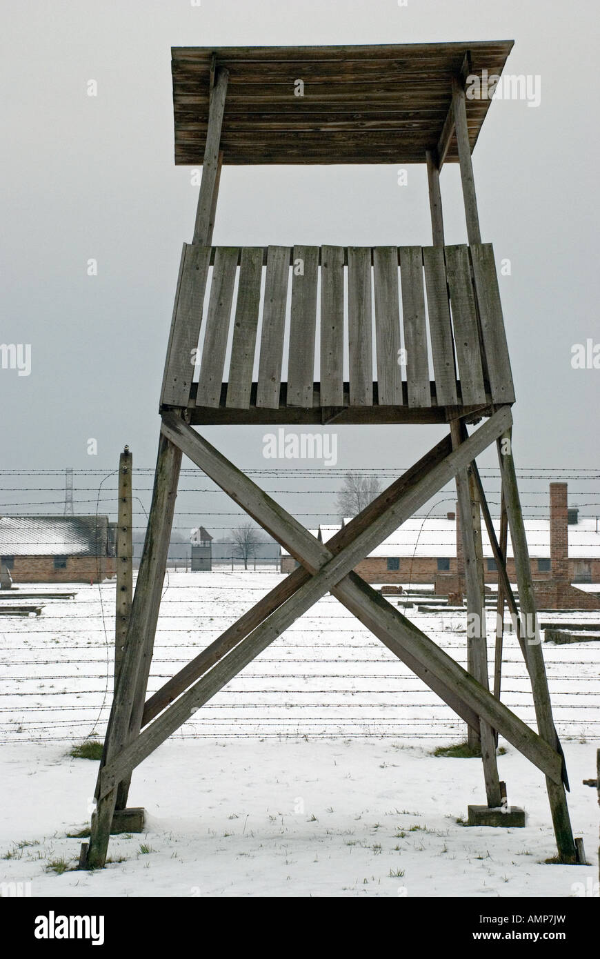 Watch Tower, Auschwitz-Birkenau concentration camp, Poland. Stock Photo