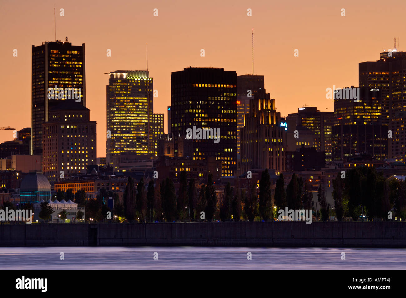 City of Montreal Skyline at sunset seen from across the St Lawrence