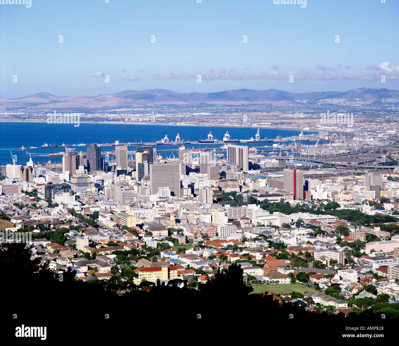 The city of Cape Town and Table Bay harbour in South Africa. Stock Photo