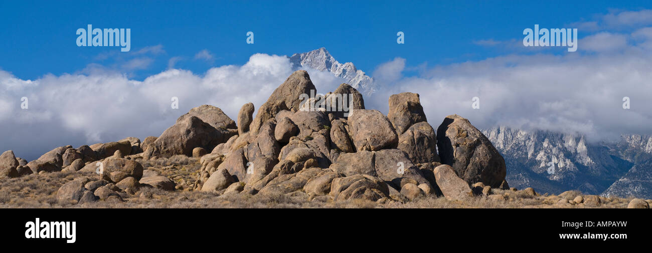 Rock formations of Alabama Hills and Lone Pine Peak (12944 ft / 3945 m) in distance, Lone Pine