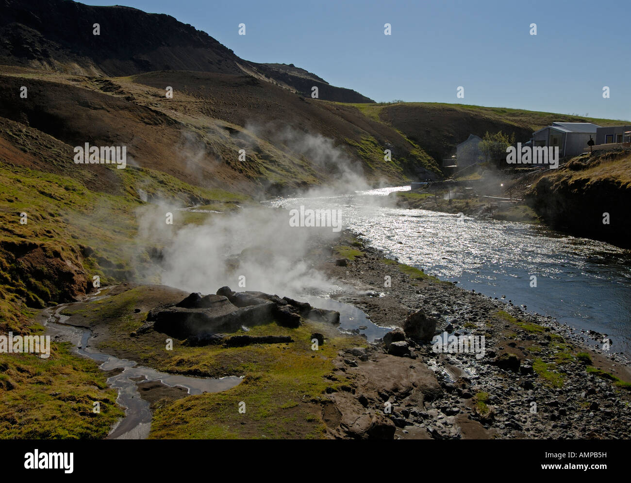 Varma River and steaming hot springs in the Icelandic landscape