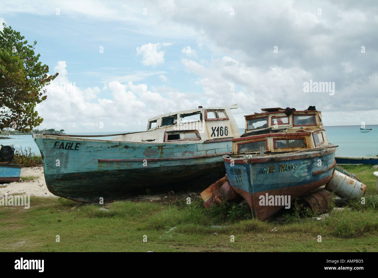 Fishing boats on the shore at Oistins Barbados Stock Photo Alamy