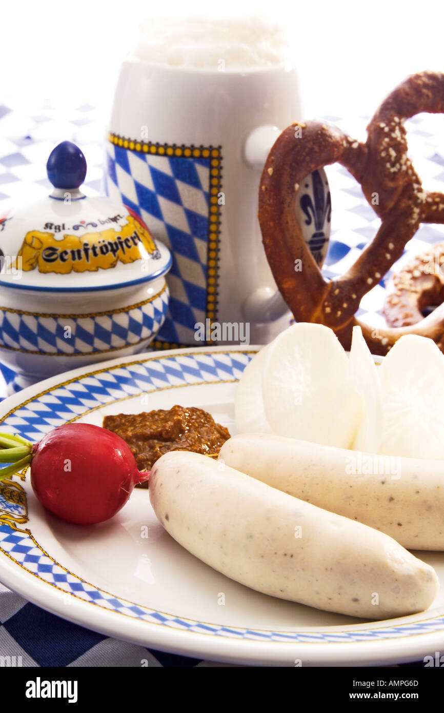 Typical Bavarian Weisswurst, with beer Stock Photo
