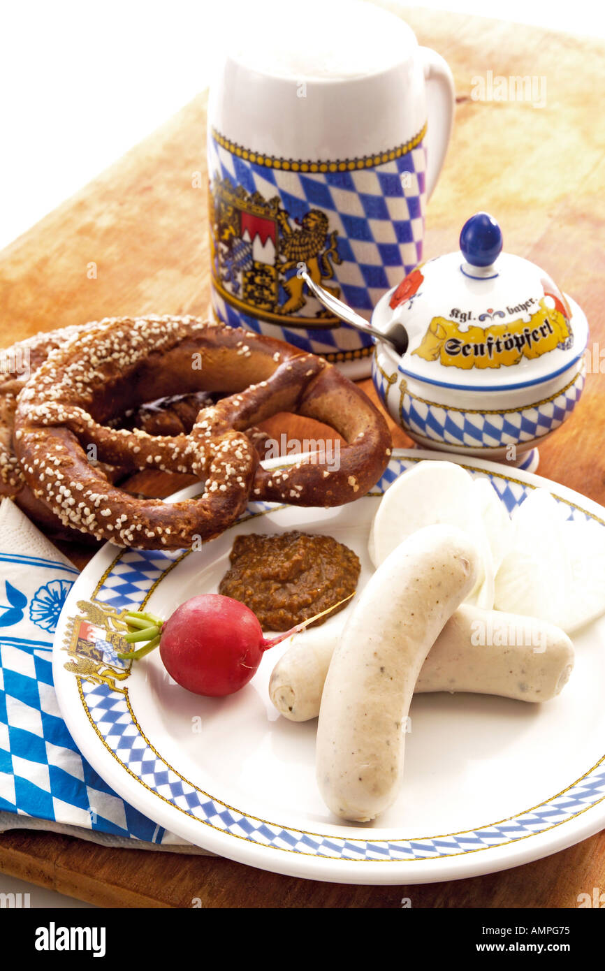 Typical Bavarian Weisswurst, with beer Stock Photo