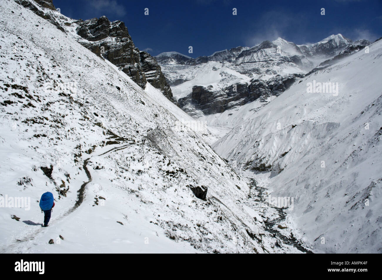 Trekker with backpack in snowy landscape on the way to Thorung Phedi Annapurna Region Nepal Stock Photo