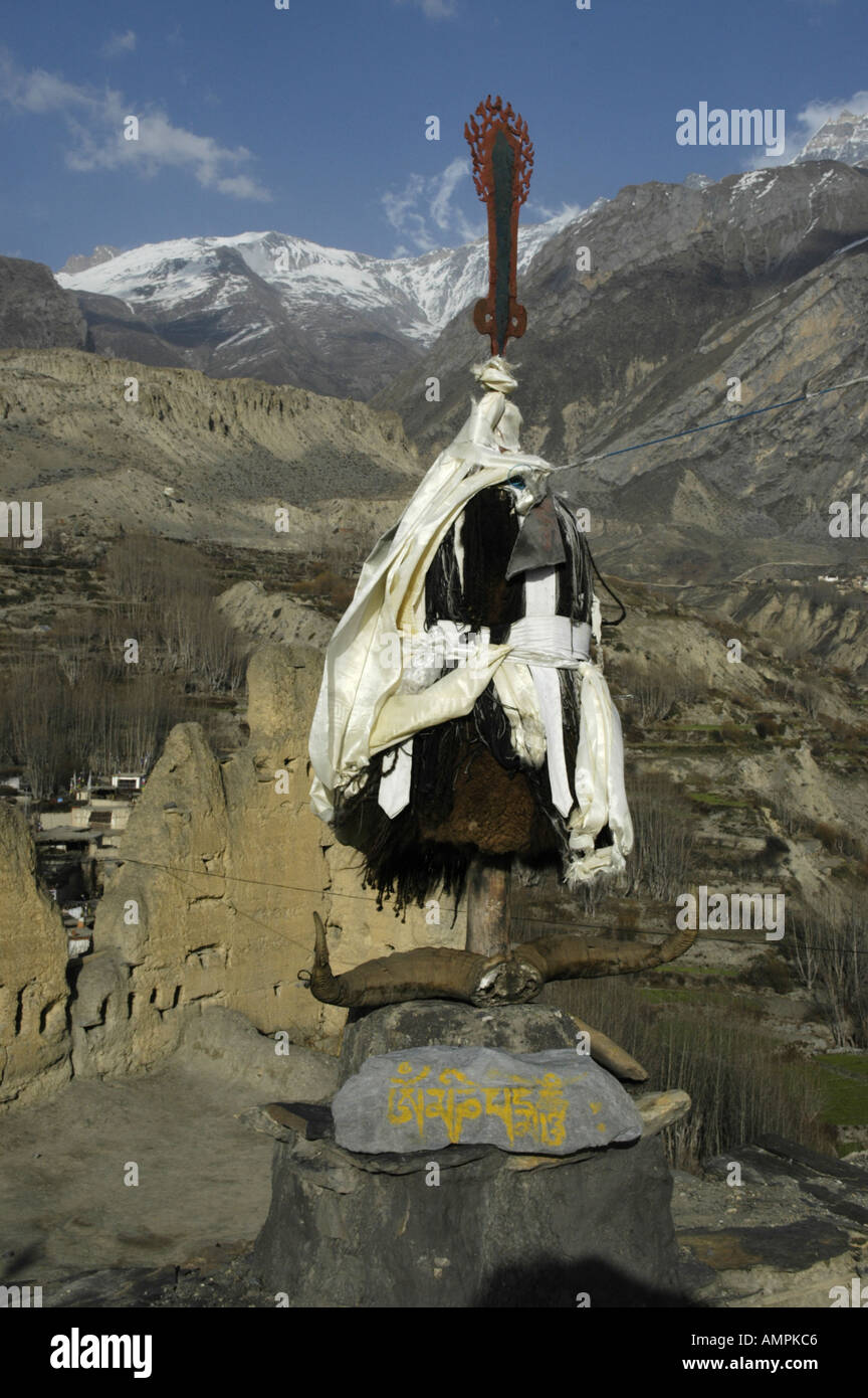Cult object on the roof of the old monastery of Dzong Mustang Annapurna Region Nepal Stock Photo