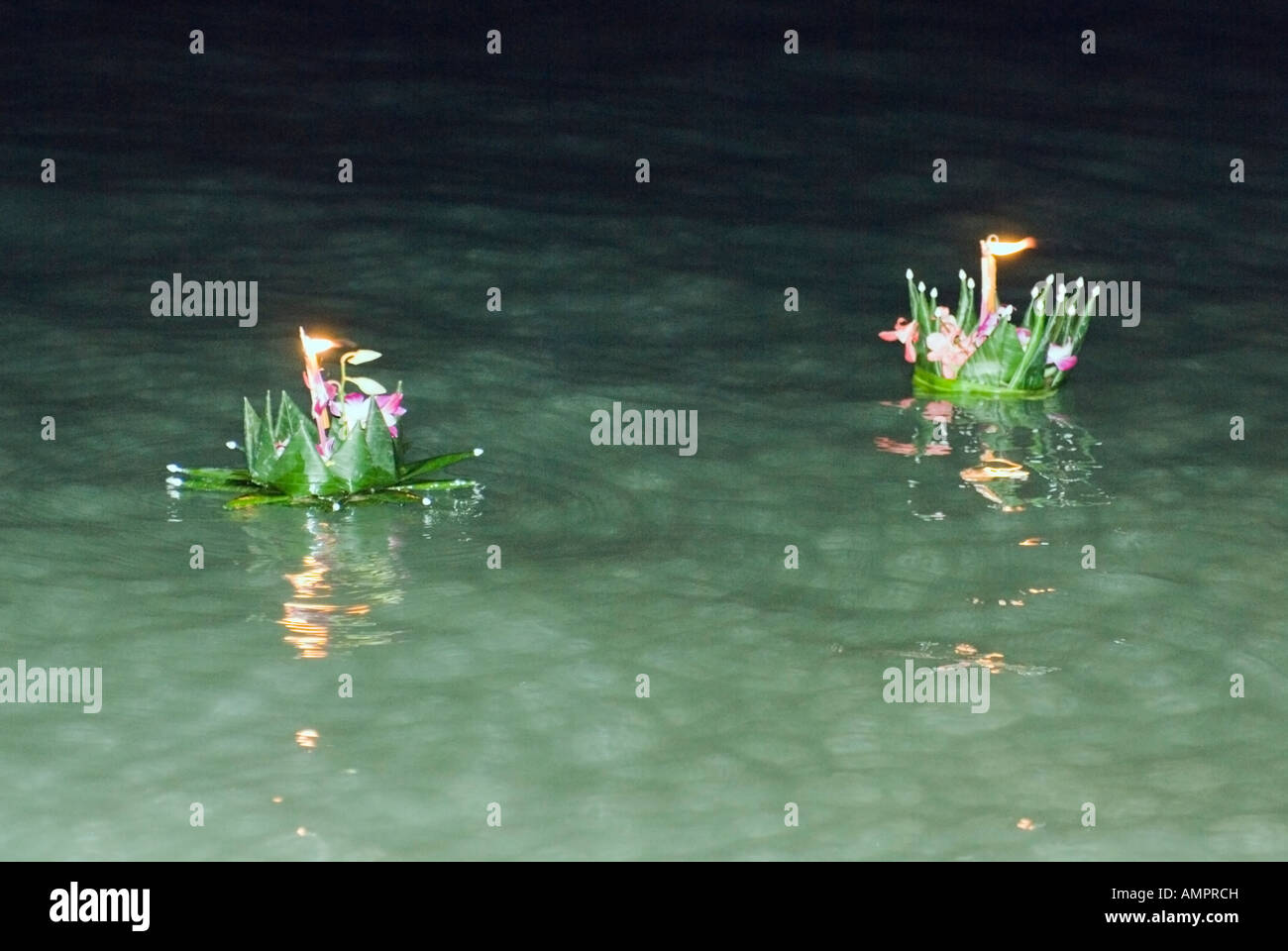 Thailand Loi Krathong Festival Floating Krathongs In Sea Phuket Patong Stock Photo