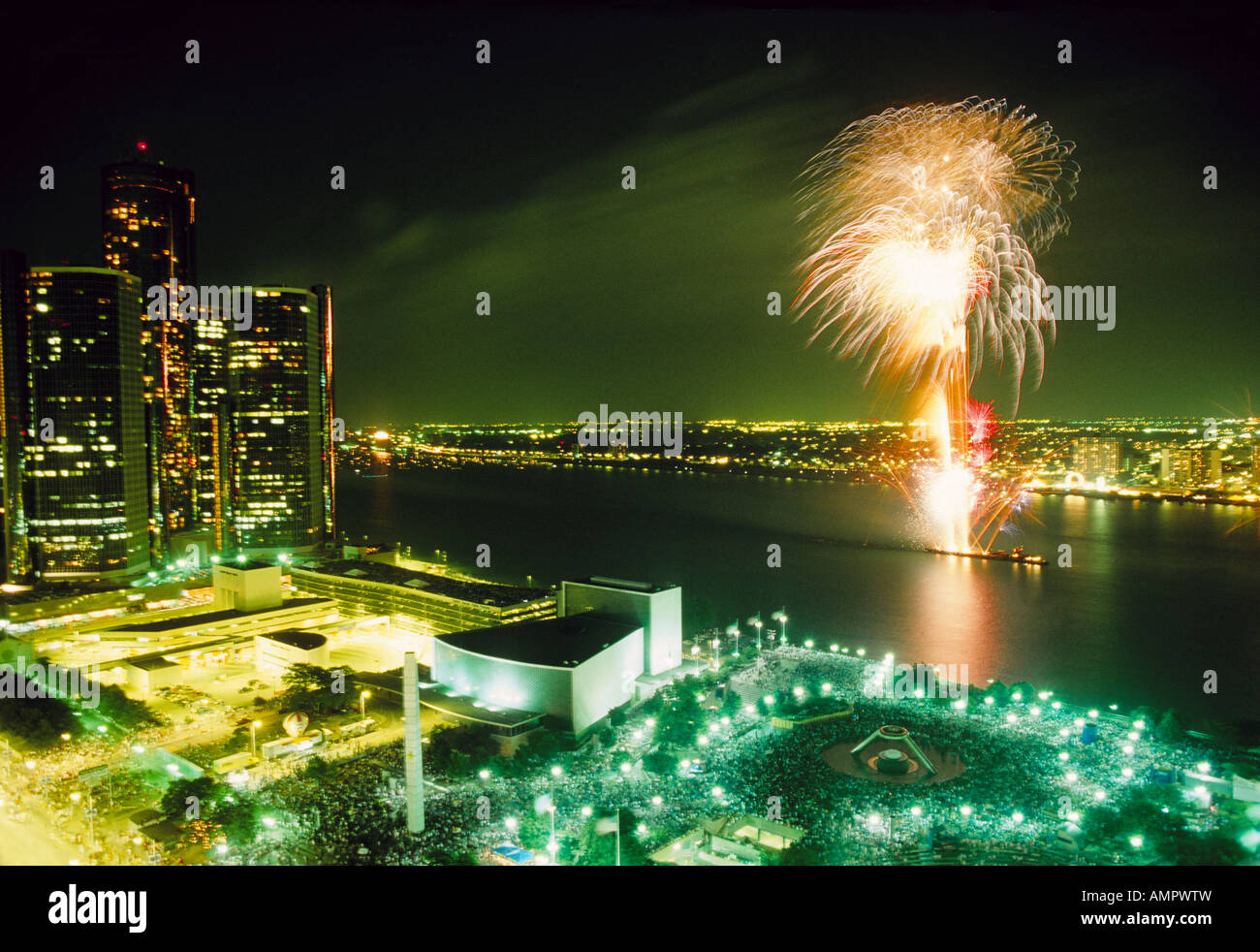 Annual summer fireworks event over Detroit River with Renaissance