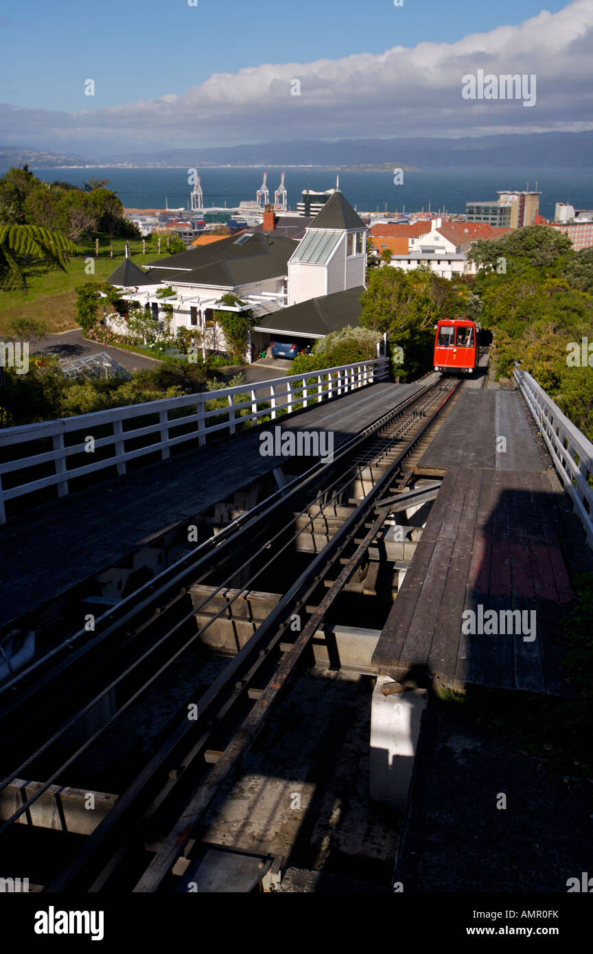 Wellington Cable Car from the Wellington Botanic Gardens, Wellington, North Island, New Zealand. Stock Photo